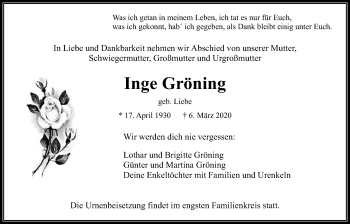 Traueranzeige von Inge Gröning von Wetterauer Zeitung