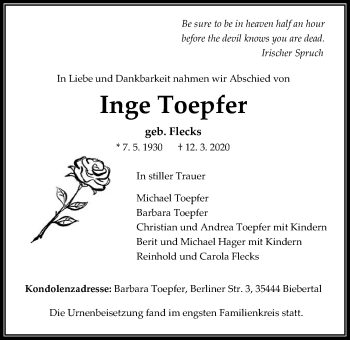 Traueranzeige von Inge Toepfer von Giessener Allgemeine, Alsfelder Allgemeine