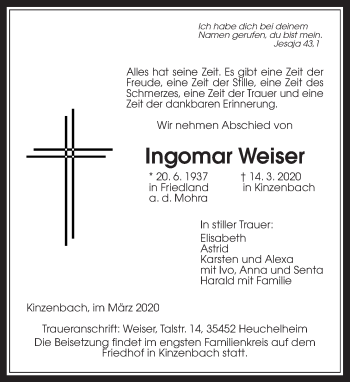 Traueranzeige von Ingomar Weiser von Giessener Allgemeine, Alsfelder Allgemeine