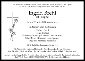 Traueranzeige von Ingrid Brehl von Bad Vilbel/Karben