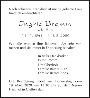 Traueranzeige von Ingrid Bromm von Giessener Allgemeine, Alsfelder Allgemeine