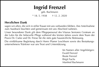 Traueranzeige von Ingrid Frenzel von Giessener Allgemeine, Alsfelder Allgemeine