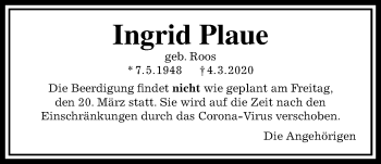 Traueranzeige von Ingrid Plaue von Wetterauer Zeitung