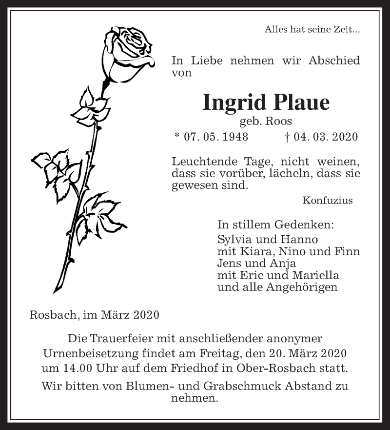  Traueranzeige für Ingrid Plaue vom 14.03.2020 aus Wetterauer Zeitung