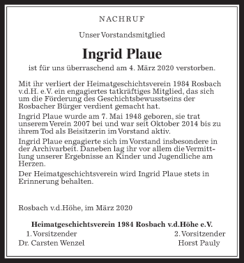 Traueranzeige von Ingrid Plaue von Wetterauer Zeitung