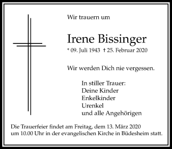 Traueranzeige von Irene Bissinger von Bad Vilbel/Karben