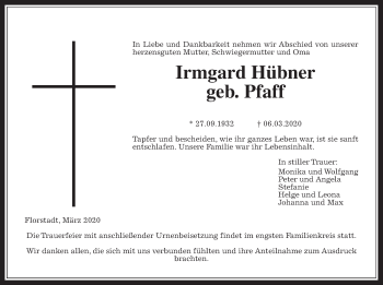 Traueranzeige von Irmgard Hübner von Wetterauer Zeitung