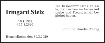 Traueranzeige von Irmgard Stelz von Wetterauer Zeitung, Giessener Allgemeine, Alsfelder Allgemeine