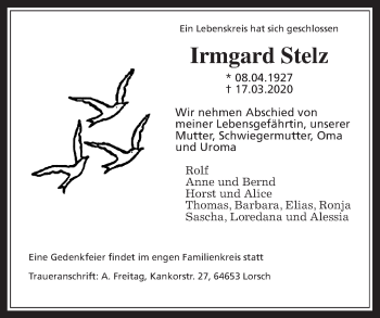 Traueranzeige von Irmgard Stelz von Giessener Allgemeine, Alsfelder Allgemeine