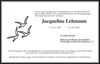 Traueranzeige von Jacqueline Lehmann von Wetterauer Zeitung