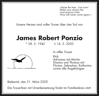 Traueranzeige von James Robert Ponzio von Giessener Allgemeine, Alsfelder Allgemeine