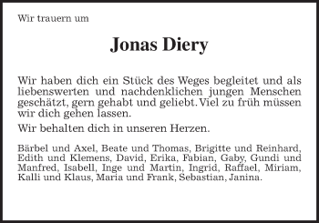 Traueranzeige von Jonas Bastian Diery von Wetterauer Zeitung