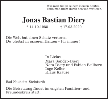 Traueranzeige von Jonas Bastian Diery von Wetterauer Zeitung