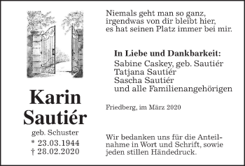 Traueranzeige von Karin Sautiér von Wetterauer Zeitung