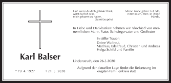 Traueranzeige von Karl Balser von Giessener Allgemeine, Alsfelder Allgemeine