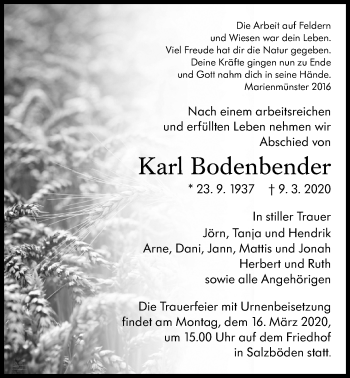 Traueranzeige von Karl Bodenbender von Giessener Allgemeine, Alsfelder Allgemeine