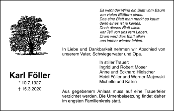 Traueranzeige von Karl Föller von Licher Wochenblatt