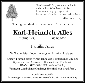 Traueranzeige von Karl-Heinrich Alles von Wetterauer Zeitung
