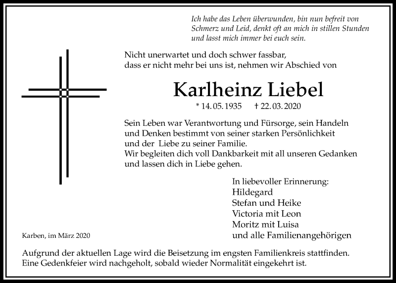  Traueranzeige für Karlheinz Liebel vom 26.03.2020 aus Bad Vilbel/Karben