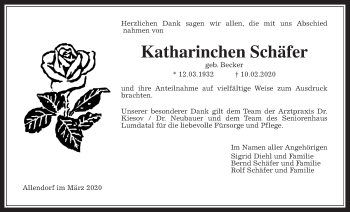 Traueranzeige von Katharinchen Schäfer von Allendorfer Mitteilungen