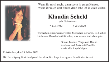 Traueranzeige von Klaudia Scheld von Giessener Allgemeine, Alsfelder Allgemeine
