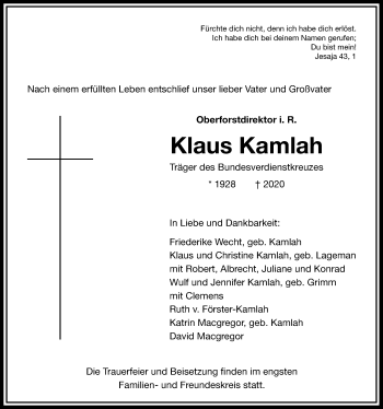Traueranzeige von Klaus Kamlah von Giessener Allgemeine, Alsfelder Allgemeine