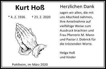 Traueranzeige von Kurt Hoß von Pohlheimer Nachrichten