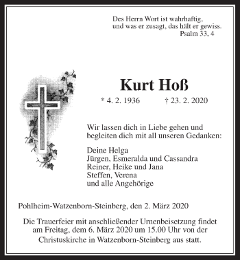 Traueranzeige von Kurt Hoß von Giessener Allgemeine, Alsfelder Allgemeine