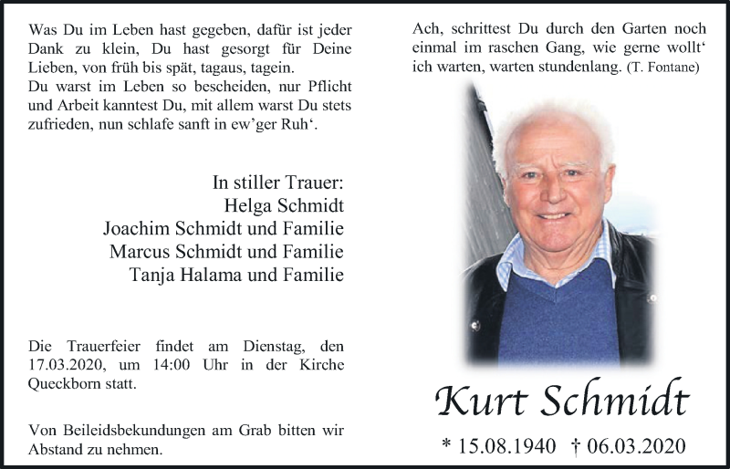  Traueranzeige für Kurt Schmidt vom 14.03.2020 aus Giessener Allgemeine, Alsfelder Allgemeine