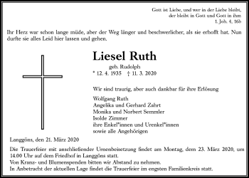 Traueranzeige von Liesel Ruth von Giessener Allgemeine, Alsfelder Allgemeine