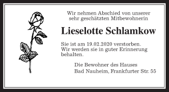 Traueranzeige von Lieselotte Schlamkow von Wetterauer Zeitung