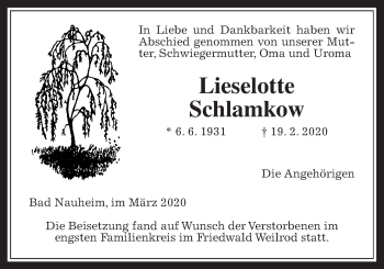 Traueranzeige von Lieselotte Schlamkow von Wetterauer Zeitung