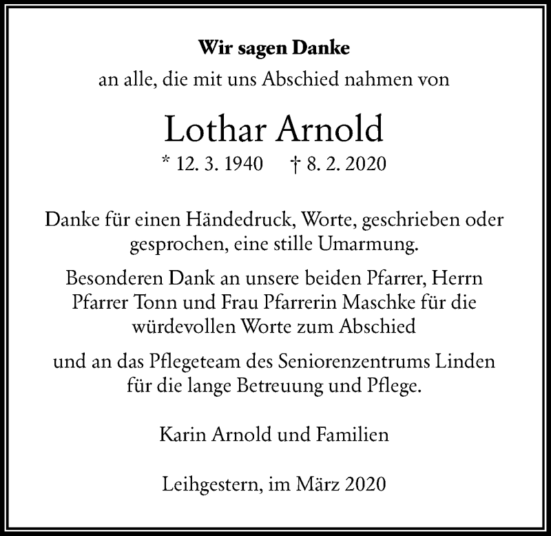  Traueranzeige für Lothar Arnold vom 07.03.2020 aus Giessener Allgemeine, Alsfelder Allgemeine