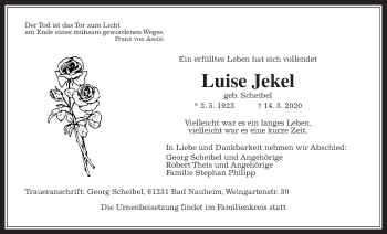 Traueranzeige von Luise Jekel von Wetterauer Zeitung