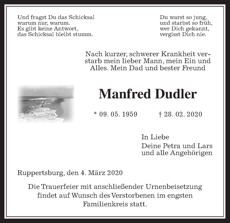  Traueranzeige für Manfred Dudler vom 04.03.2020 aus Laubacher Anzeiger