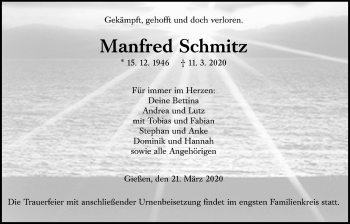 Traueranzeige von Manfred Schmitz von Giessener Allgemeine, Alsfelder Allgemeine