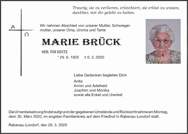  Traueranzeige für Marie Brück vom 26.03.2020 aus Giessener Allgemeine, Alsfelder Allgemeine