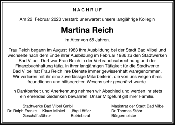 Traueranzeige von Martina Reich von Bad Vilbel/Karben