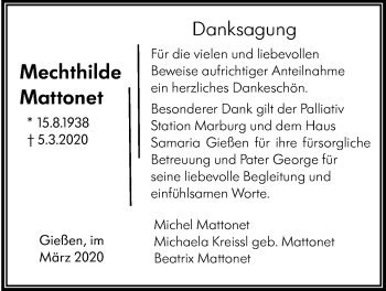 Traueranzeige von Mechthilde Mattonet von Giessener Allgemeine, Alsfelder Allgemeine