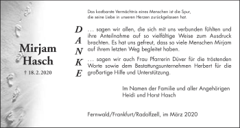 Traueranzeige von Mirjam Hasch von Giessener Allgemeine, Alsfelder Allgemeine