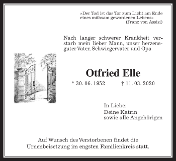 Traueranzeige von Otfried Elle von Wetterauer Zeitung