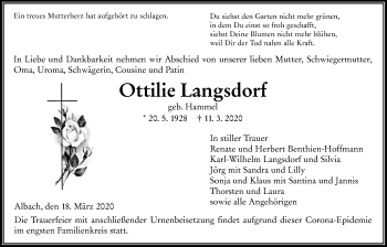 Traueranzeige von Ottilie Langsdorf von Giessener Allgemeine, Alsfelder Allgemeine