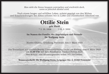 Traueranzeige von Ottilie Stein von Giessener Allgemeine, Alsfelder Allgemeine
