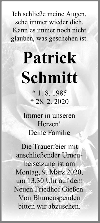 Traueranzeige von Patrick Schmitt von Giessener Allgemeine, Alsfelder Allgemeine