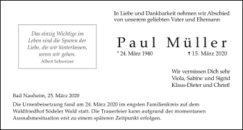 Traueranzeige von Paul Müller von Wetterauer Zeitung