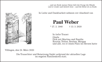 Traueranzeige von Paul Weber von Giessener Allgemeine, Alsfelder Allgemeine