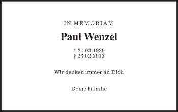 Traueranzeige von Paul Wenzel von Wetterauer Zeitung