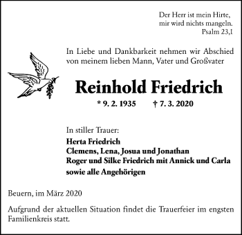 Traueranzeige von Reinhold Friedrich von Giessener Allgemeine, Alsfelder Allgemeine