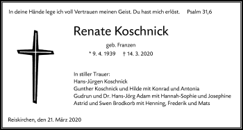 Traueranzeige von Renate Koschnick von Giessener Allgemeine, Alsfelder Allgemeine
