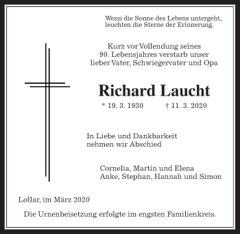 Traueranzeige von Richard Laucht von Giessener Allgemeine, Alsfelder Allgemeine